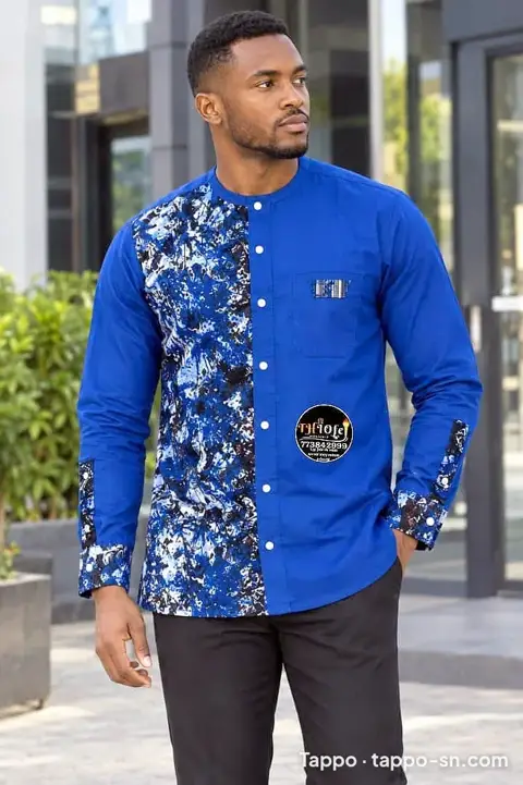 Chemise homme manches longues bleue motifs