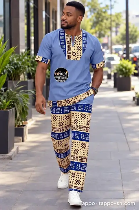 Ensemble haut et pantalon motifs traditionnels bleu