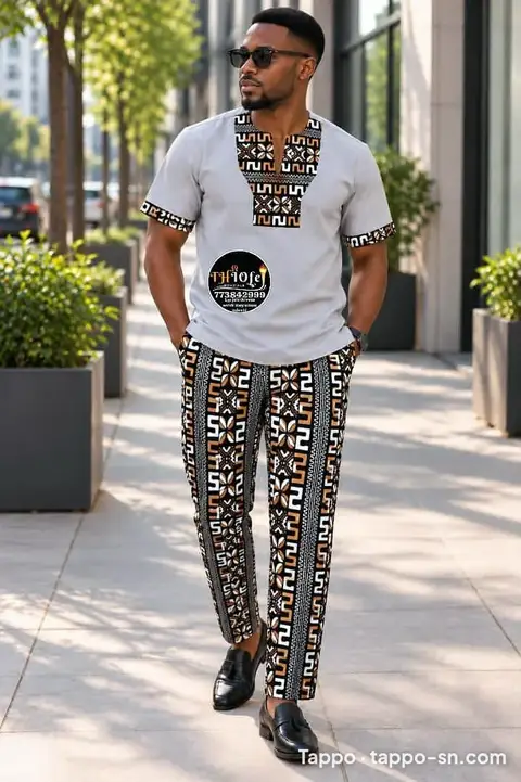 Ensemble homme gris et motifs traditionnels