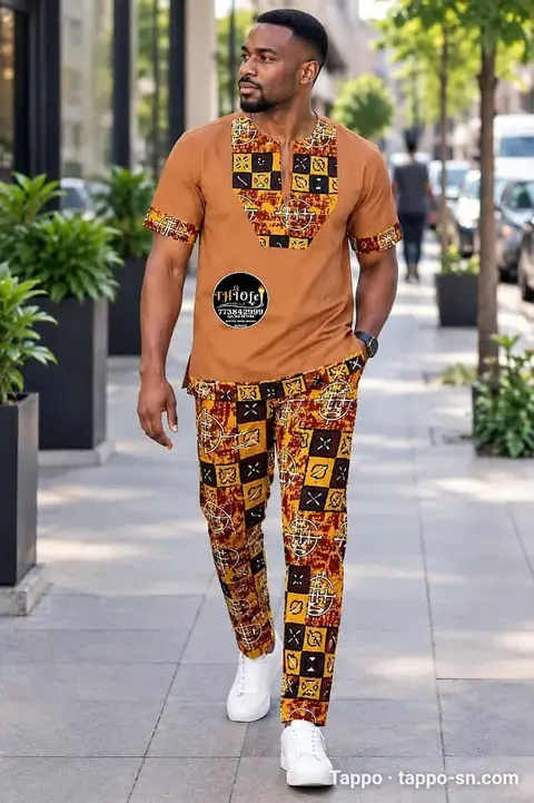 Ensemble homme haut et pantalon marron et motifs