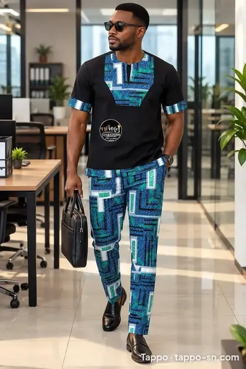 Ensemble homme noir et motifs bleus