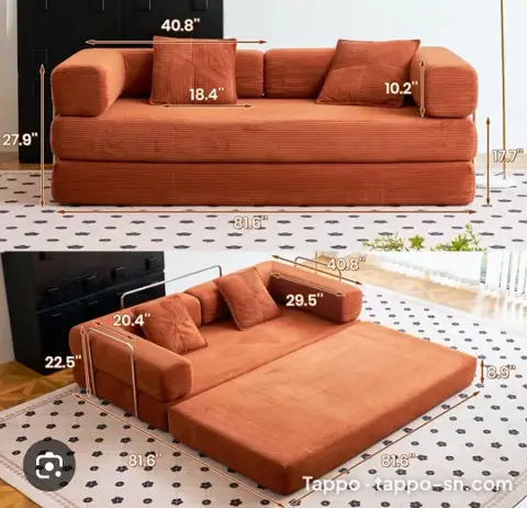 Canapé convertible orange avec coussins